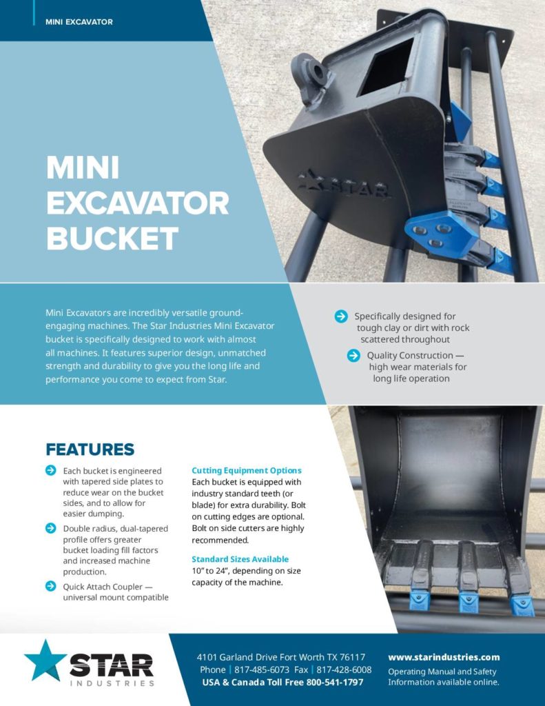 Mini Excavator Bucket - Sell Sheet